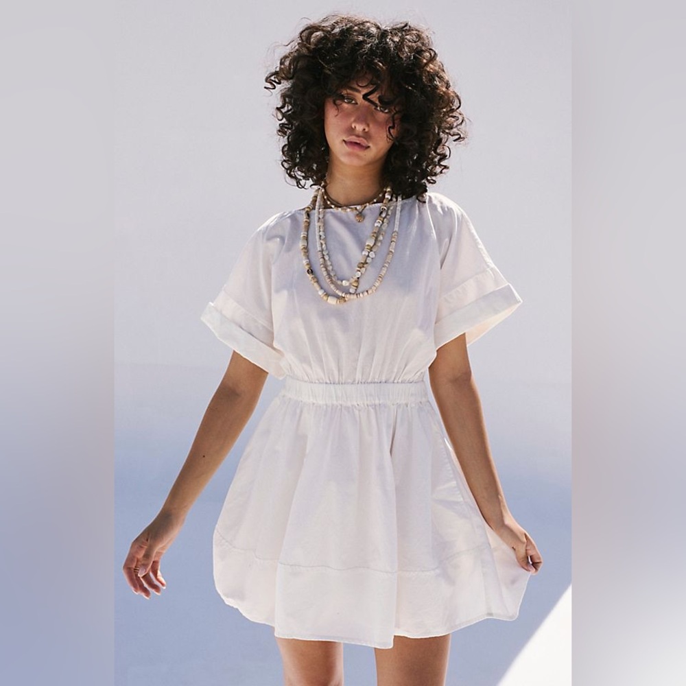 NWOT Free People Full Time Fun Ivory Mini Poplin Cinched Waist Dress SZ M